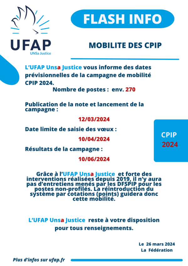 FLASH INFO MOBILITE DES CPIP 2024 : | UFAP | UNSa Justice